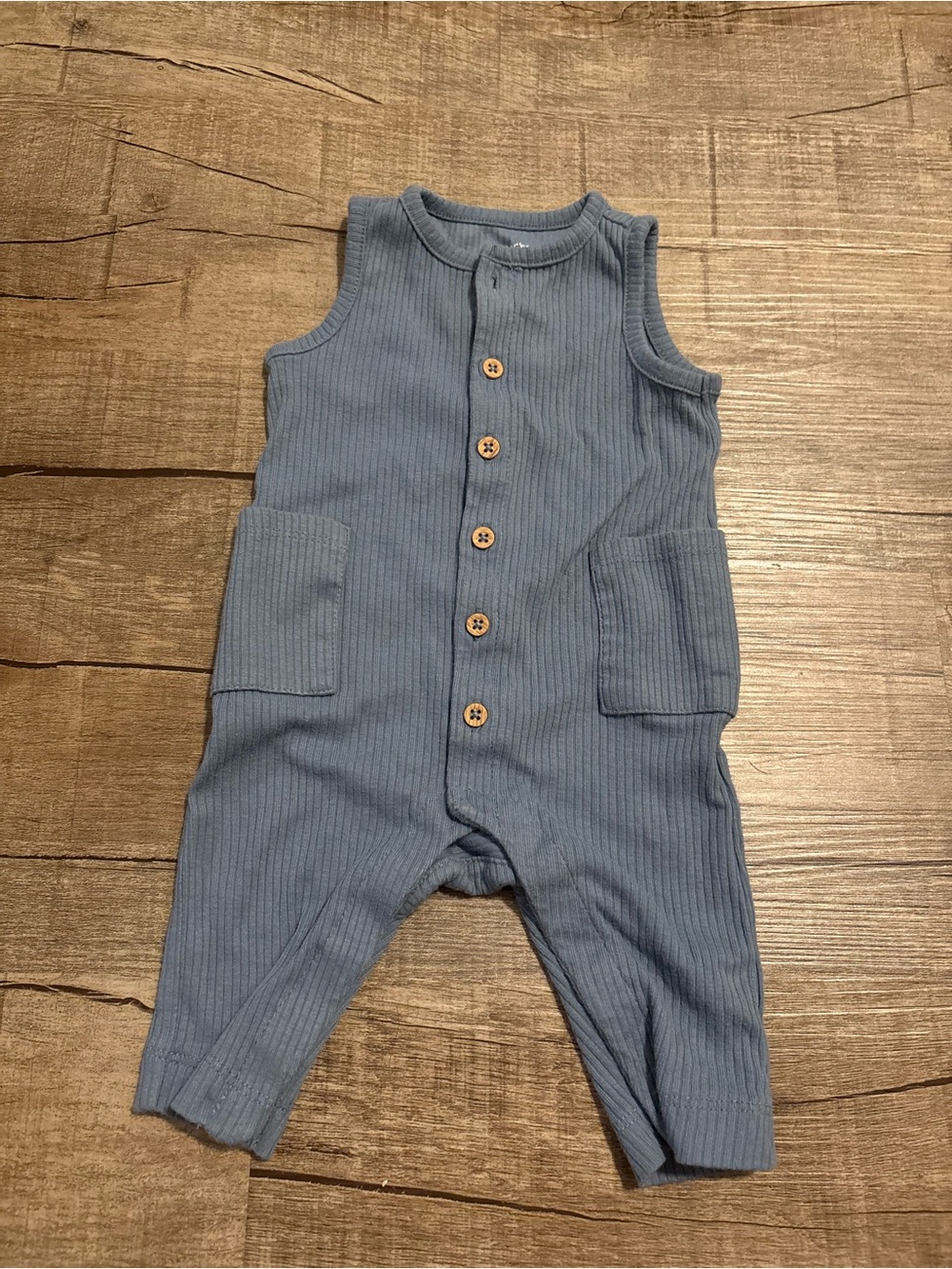 Blue pinstripe infant romper with pockets